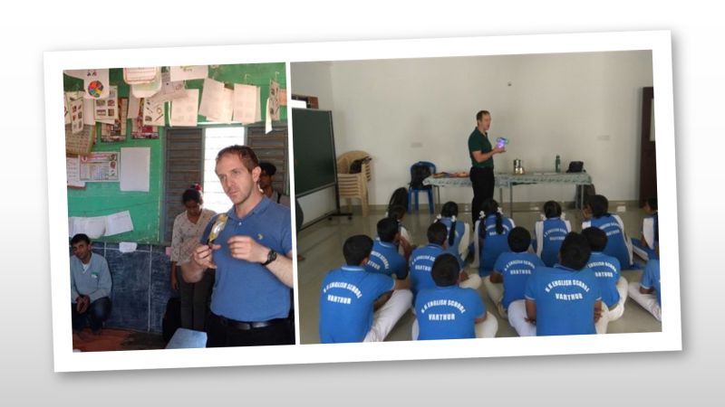 Dr. Jim Cybulski, co-inventor of the Foldscope conducting a workshop for students in Gubbi and Bangalore.